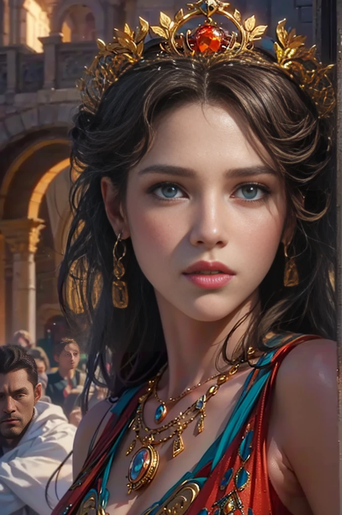 (Movie Premiere Poster 1.8)， It depicts Lucia, Princess of the Ancient Roman Empire, intense blue eyes，She was the daughter of the ancient Roman emperor Marcus Aurelius，Commodus's younger sister。After the death of her husband，She lives with her son。Long dark brown hair，Pair it with a delicate necklace，Delicate earrings，She was 14 years old，Dress up in a gorgeous and sexy evening dress，Stand in the Colosseum，Be interviewed，，Photo taken in 2001，8K, High definition, Detailed face, Detailed eyes，Hyper-realistic, + cinema shot + Dynamic composition, Incredibly detailed, Sharpen, Cinematic, warm lights, Light effect, Dramaticlight, (Intricate details:1.1), the complex background, (greg rutkovsky:0.8), (Teal and orange:0.4），Correct ???????，