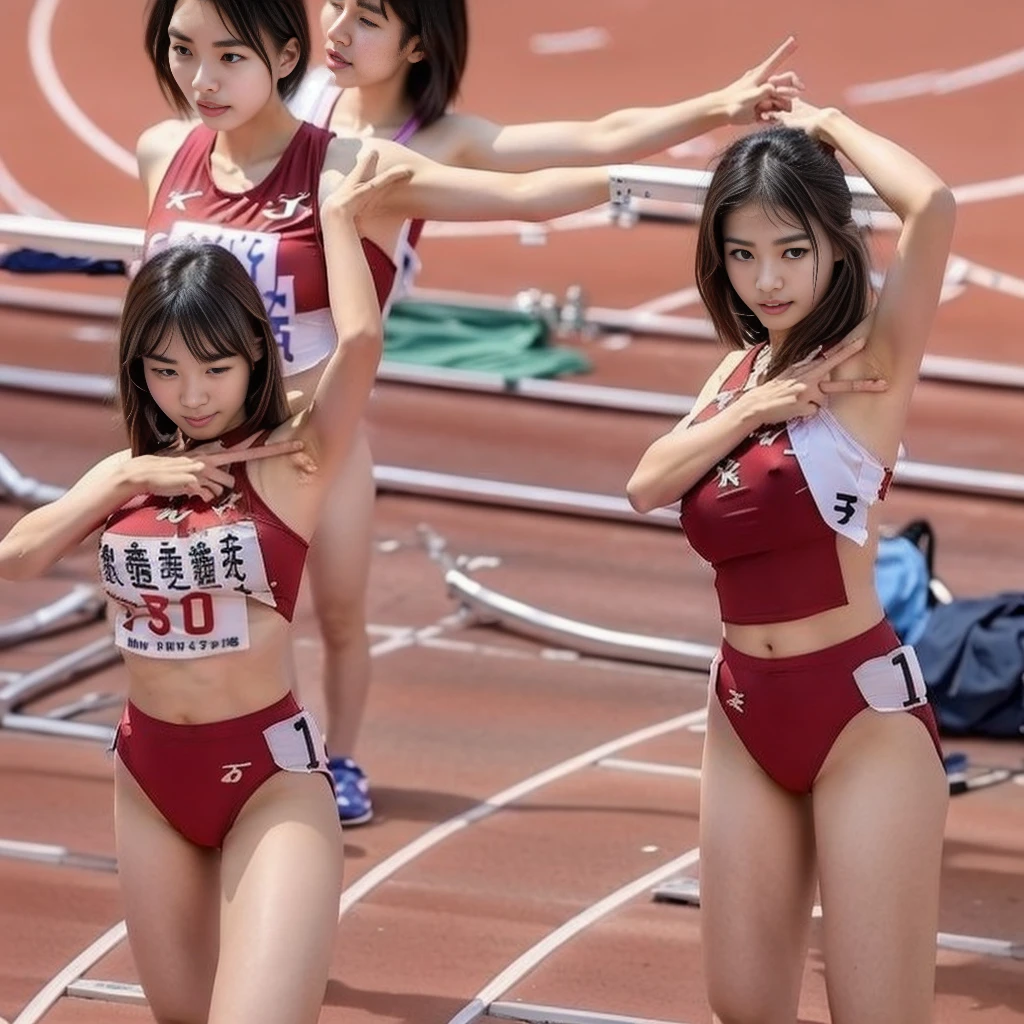 highest quality，masterpiece，Very detailed, 8k，Beautiful Japan woman at 19 years old:1.5, Small face, (Detailed red uniform of Ritsumeikan University track and field team:1.5),　A very provocative smile、　((Woman looking down at stadium:1.5, Breast Augmentation Surgery))、　height:176cm、　Detailed very smelly armpits