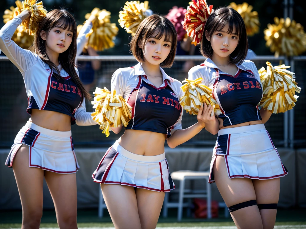(RAW photo, 4k, masterpiece, high resolution, extremely complex) (realistic: 1.4), cinematic lighting
 ((2 girls, 2 schoolgirls)),blushing,((innocent)),bright eyes,round eyes,blunt bangs,(short bob hair:1.3),black hair,large breasts,wide hips,Summer Noon, ,Hot, (Best Quality), (Highres), (an Extremely Delicate and Beautiful),(Beautiful 8k face),(Brown eyes),( spectators),(gigantic breasts),(Play with each other,Touching each other's bodies,Touching the body),(cheer girl:1.5),(a miniskirt),(reality),bright lighting,(The background is a luxury hotel room)