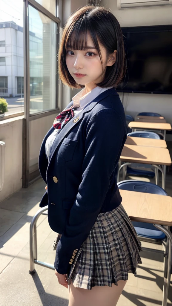 masterpiece, best quality, illustration, Super detailed, fine details, High resolution, 8K,wall paper, perfect dynamic composition,(Details High quality, realistic depiction of eyes:1.3), from side, High School Classroom、High school girl uniform、blazer 、Super Short Check Uniform Skirt、Navy blue high socks、garterbelts、Colossal tits、Disturbed uniform, short bob hair, black hair color, huge breasts, Big Natural Color Lip, bold sexy pose, (perfect body shape), crying a little、Harajuku style、20 year old girl、 beautiful legs, hposing Gravure Idol, Voluptuous thighs