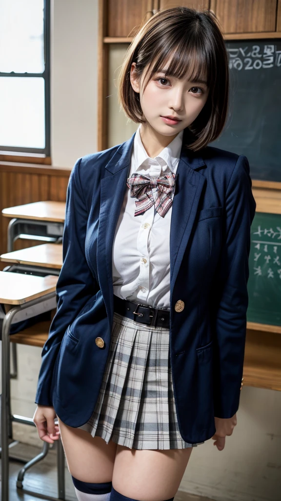 masterpiece, best quality, illustration, Super detailed, fine details, High resolution, 8K,wall paper, perfect dynamic composition,(Details High quality, realistic depiction of eyes:1.3), from side, High School Classroom、High school girl uniform、blazer 、Super Short Check Uniform Skirt、Navy blue high socks、garterbelts、Colossal tits、Disturbed uniform,  short bob hair, black hair color, huge breasts, Big Natural Color Lip, bold sexy pose, (perfect body shape), crying a little、Harajuku style、20 year old girl、 beautiful legs, hposing Gravure Idol, Voluptuous thighs