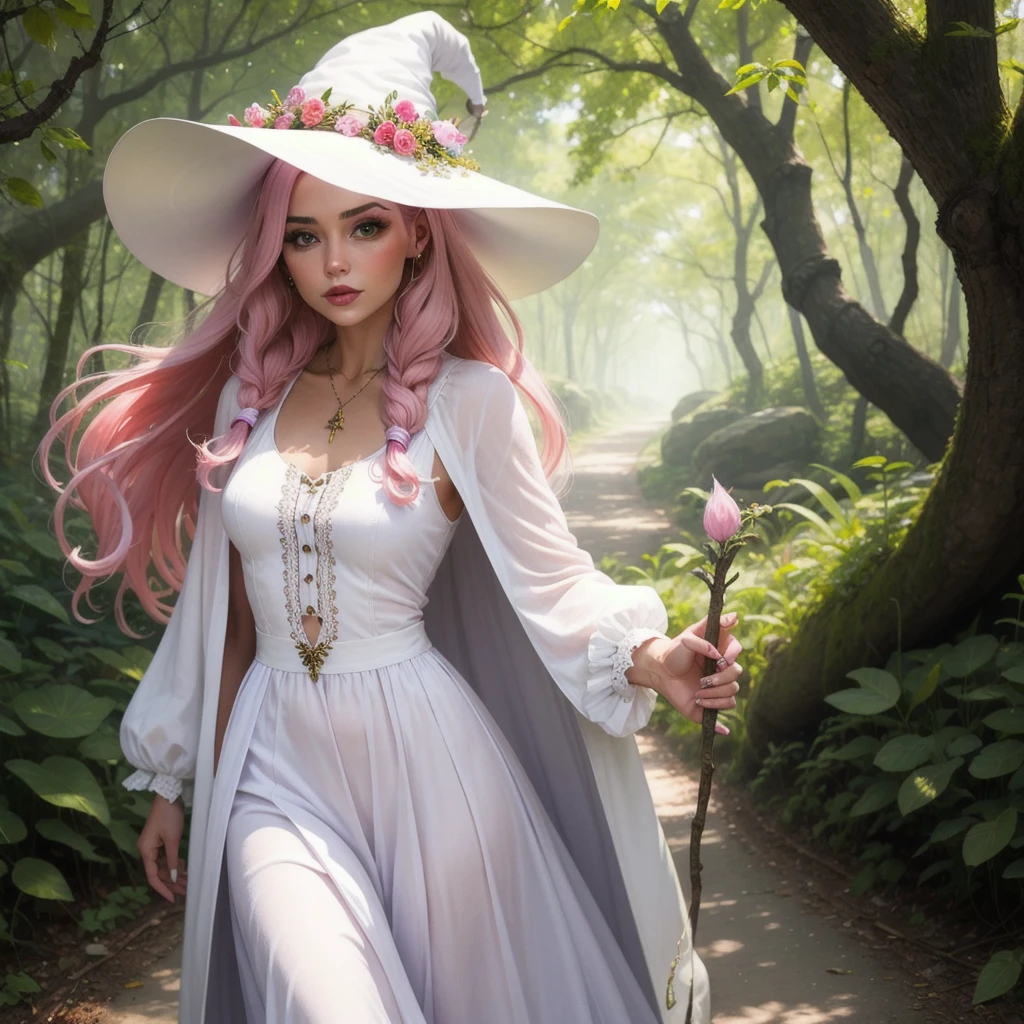 make a woman, with pink hair and white clothes like a nature witch