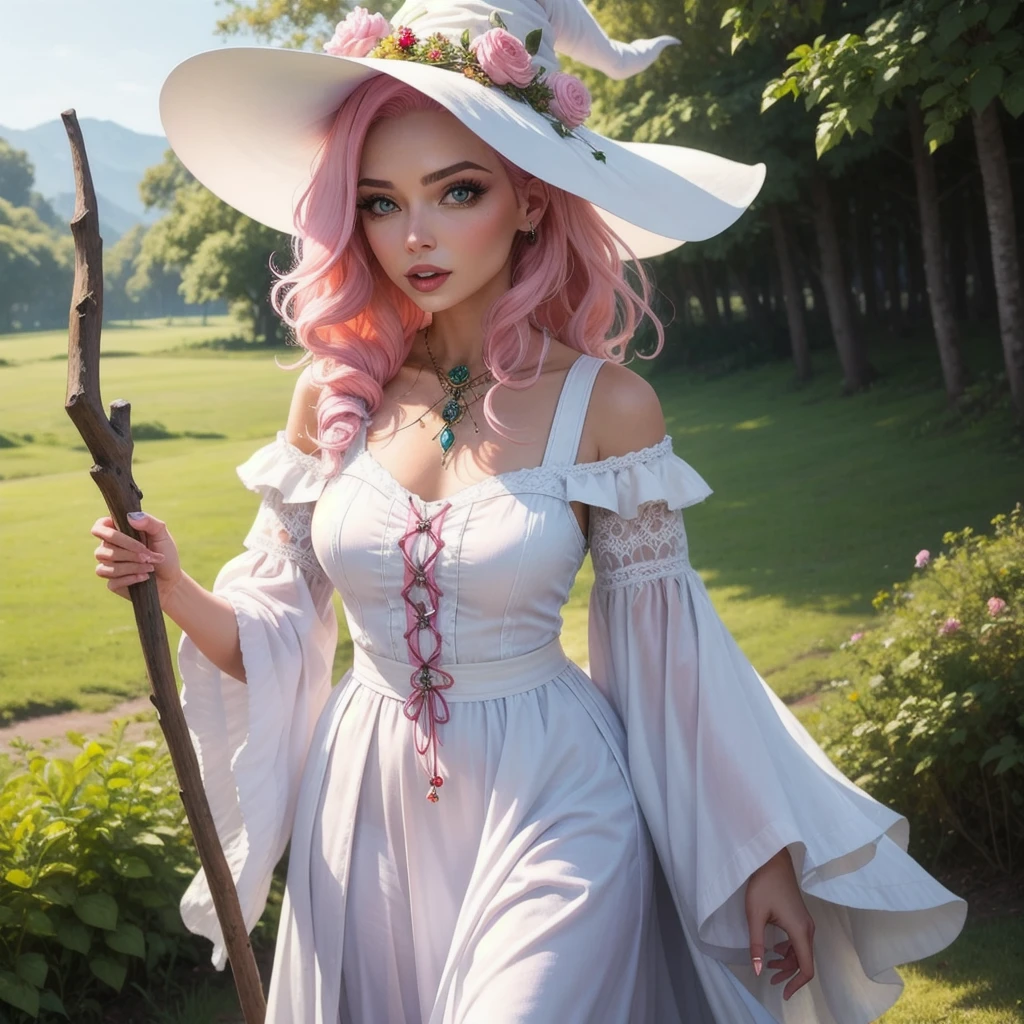 make a woman, with pink hair and white clothes like a nature witch