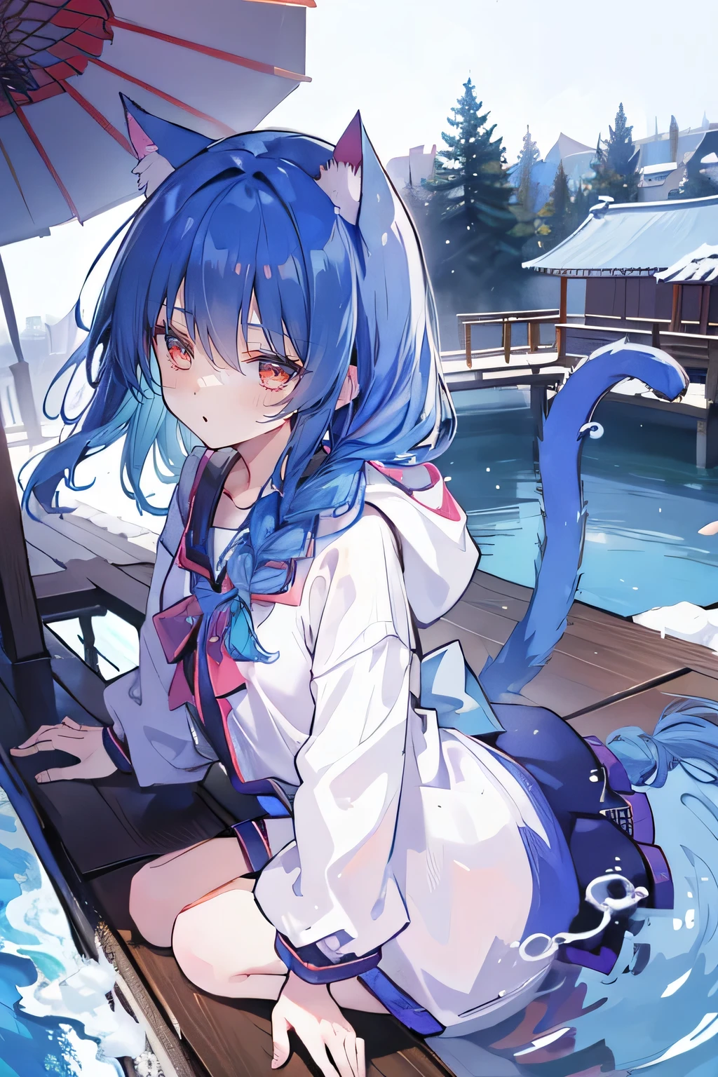 (masterpiece:1.2),Super detailed,lifelike,Expressive eyes,fair skin,perfect face shape,1 girl,
Japanese comics,Gorgeous blue hair,flowing blue hair,flowing clothes,Cat ears,Petals fall,beautiful lola,Baby Angel,
Shaking head with one hand,Cross your legs,Gentle and peaceful background,The pavilion is cool and comfortable,smile, wearing hoodie, background of tokyo,back views,snowing, winter,lie on the water,Like Adult, hair length, underwear, masterpiece, Top quality, 1 Girl, looking at the audience,(((braid)))、shameful face、Embarrassed face