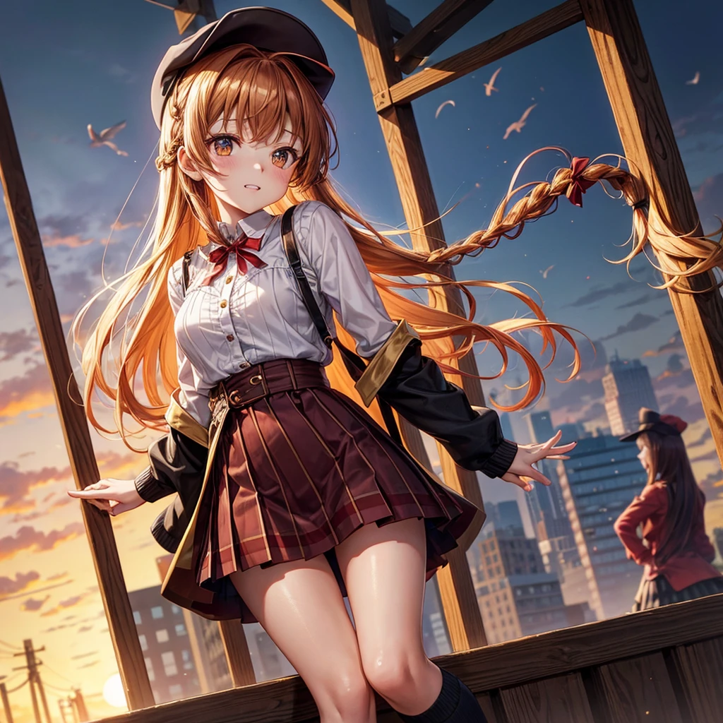 Red, brown, gold, gold hair、Golden Eyes、Braid、One good looking girl、solo、anime、Checkered mini skirt、Ruffles on the skirt、camisole、camisole、Lightweight cardigan、Black knee-high socks、Wearing a baseball cap、Wearing a ribbon、Ribbon on waist、Tilting face、Teeth are visible、Sunset sky、There&#39;s a hole in the clouds、Contrail、Cumulonimbus、Silver coin necklace、shine、From above、bell、clock tower、Sparks are flying、High five