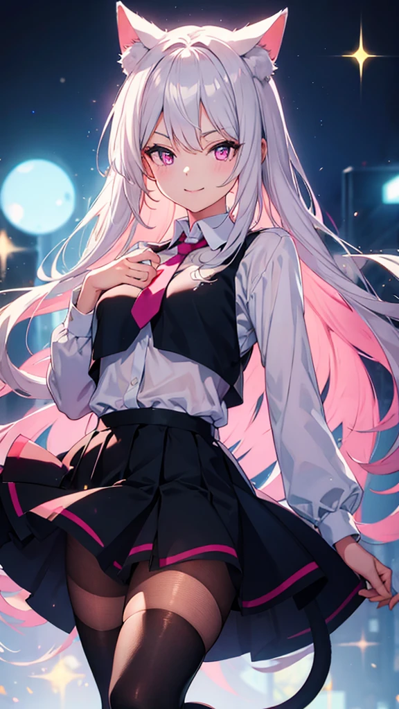 anime,Sparkling eyes,Highlighted eyes,Medium chest,pretty girl,smile,Cat ear,Beautiful silver hair,Pink inside,Beautiful pink eyes,Oversized shirt,skirt,black tights