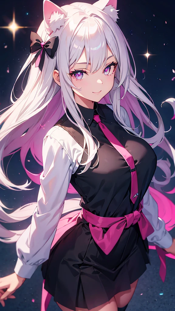 anime,Sparkling eyes,Highlighted eyes,Medium chest,pretty girl,smile,Cat ear,Beautiful silver hair,Pink inside,Beautiful pink eyes,Oversized shirt,skirt,black tights