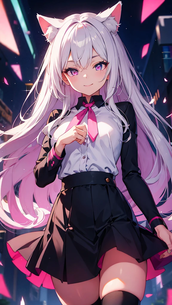 anime,Sparkling eyes,Highlighted eyes,Medium chest,pretty girl,smile,Cat ear,Beautiful silver hair,Pink inside,Beautiful pink eyes,Oversized shirt,skirt,black tights