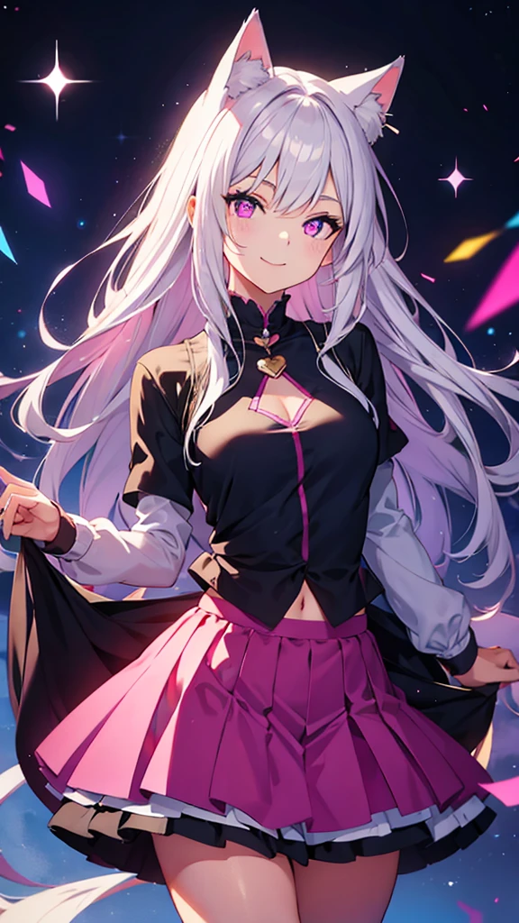 anime,Sparkling eyes,Highlighted eyes,Medium chest,pretty girl,smile,Cat ear,Beautiful silver hair,Pink inside,Beautiful pink eyes,Oversized shirt,skirt,black tights