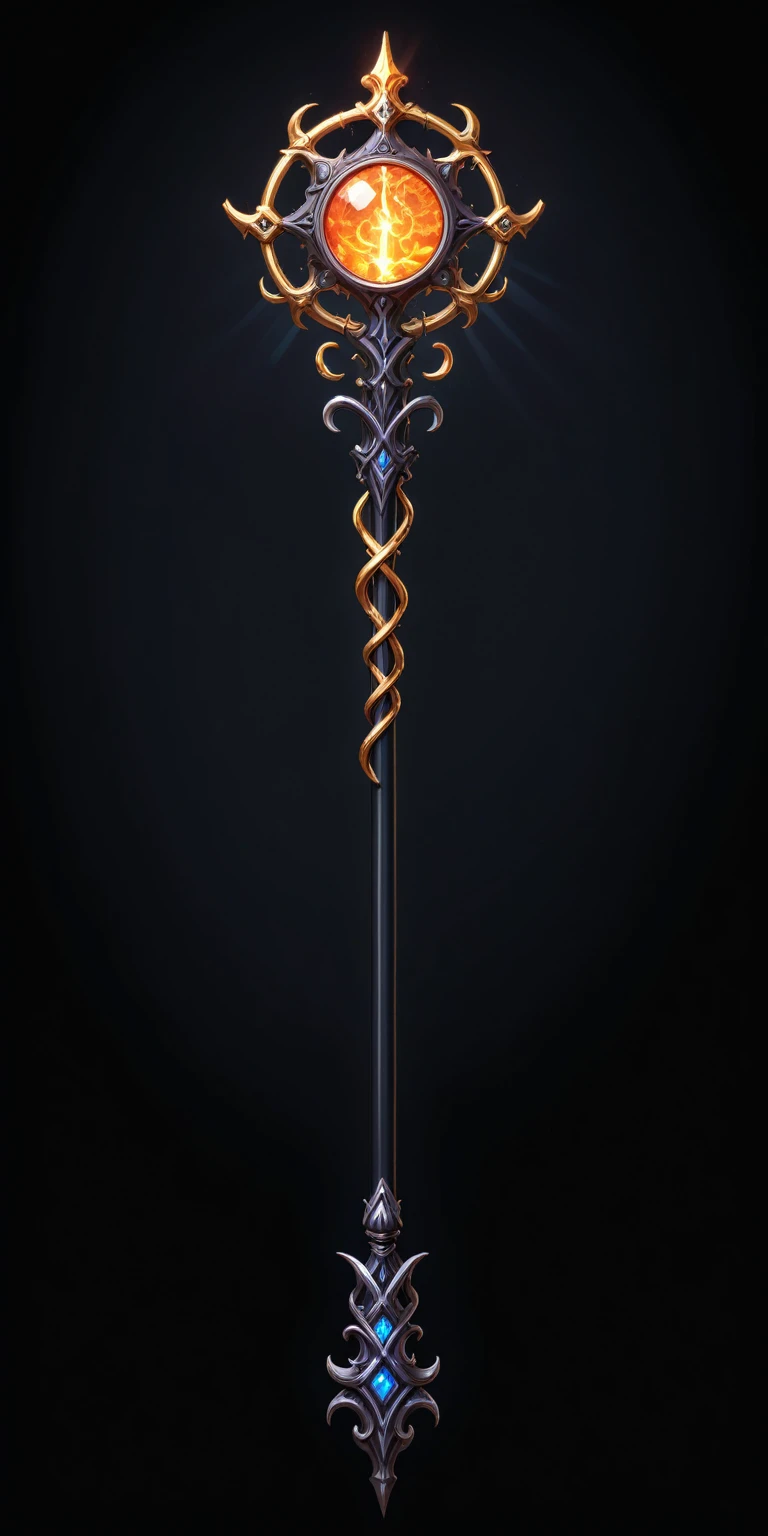 pixel art, cartoon illustration, Divine glavie greatstaff, Powerfull Magical theme, simple black background, RPG game icon 
