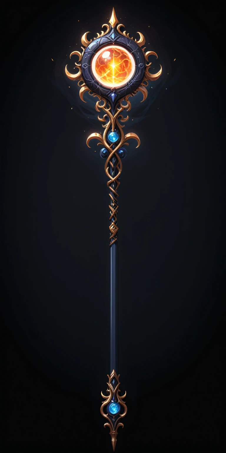 pixel art, cartoon illustration, Divine glavie greatstaff, Powerfull Magical theme, simple black background, RPG game icon