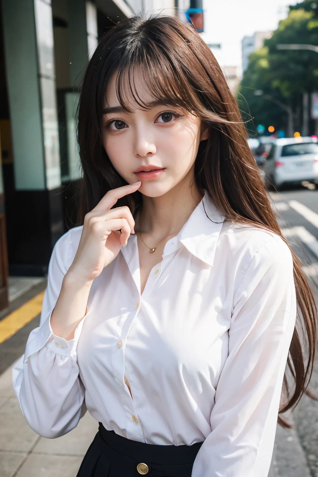 highest quality、High resolution、8k、Realistic、Beautiful Eyes、Detailed face、
Bust up from the front、
Japanese、Japanese Idols、Plump woman、20-year-old、Straight Long Hair、bangs、
Natural color lip、Natural Makeup、very cute、business suit、(tight button shirt)、office lady、pants、 Narrow waist、
(heavy rain)、In town、pedestrian traffic、