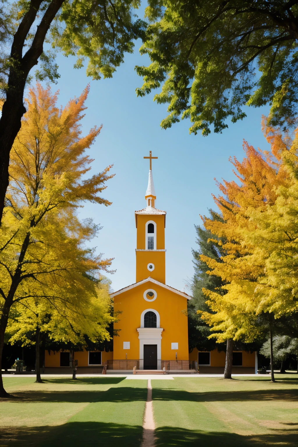 Genera un logotipo elegante y sencillo para "CAMPAMENTO MARANATHA" un area verde con arboles, en medio de montanas, cascadas y animales, que es propiedad de la Iglesia Bautista Maranatha y que se usa para hacer reuniones y convivios espirituales, sus olores es naranja y amarillo