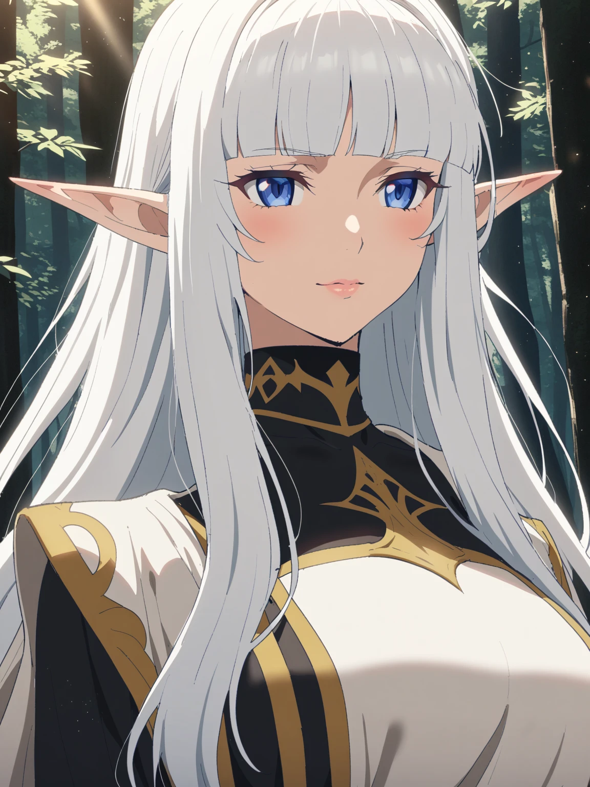 {{portrait, face focus}} {{Artist: Sincos}} 1 woman, solo, mature female, elf elegant, princess, pointy ears, blue eyes, long hair, straight hair, white hair, blunt bangs, lips, large breasts, ;), white tabard, gold trim, black collar, black undershirt, outdoors, forest, sunlight, light particles, medieval fantasy.