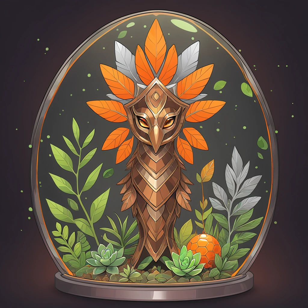 Living Totem with green orange brown bronze and silver color palette with background in terrarium art style
