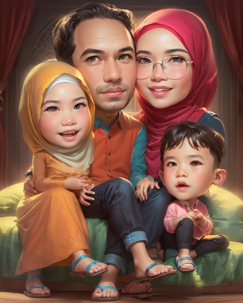 arafed family portrait with a father and a mother hijab and two children, Women wear hijab, and Muslim clothing, Wearing shoes and sandals, cartoon digital art, cartoon artstyle, digital art cartoon, in cartoon style, realism artstyle, cartoon art style, cartoon art, potrait, cartoon digital painting, caricature illustration, cartoon style illustration, an indonesian family portrait, happy family, digital cartoon painting art, cartoon portrait, family portrait