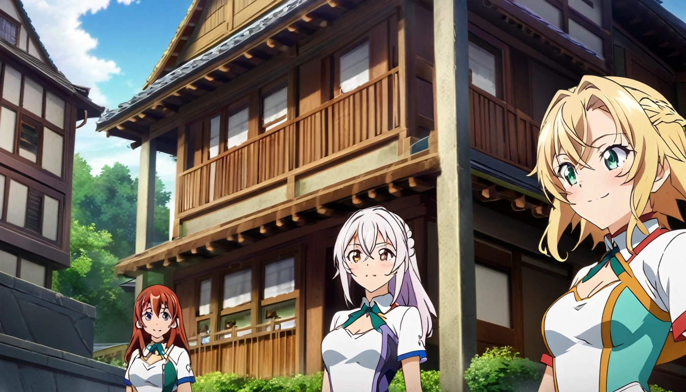 Tres mujeres con vestidos cortos paradas frente a un edificio., visual clave de novela visual, kyoto animation key visual, kyoto animation anime key visual, visual novel cg, arte clave de anime, hololive, anime moe art style, finos detalles. chicas de primera linea, cushart krenz arte clave femenino, anime fondo clave visual, kyoto animation, Ilustraciones oficiales del anime., kyoto animation still