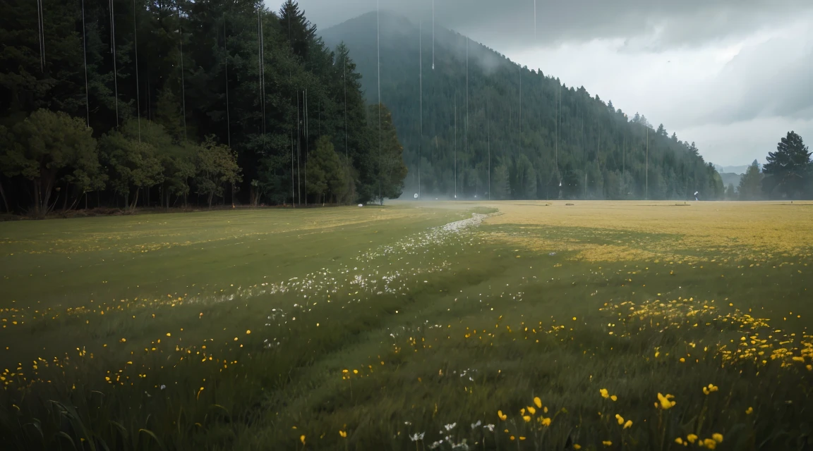 Quiet landscape with no people, no flowers, close-up near ground of deep green meadow wet with rain, lots of raindrops on grass in close-up, lots of rain falling on mirror-like water surface where nothing is placed, rain falling all the time, cloudy sky beyond meadow, rain continues to fall Landscape, Photo, Best Quality, High Quality, Highres:1.4, Detail, Highly Detailed, Ambient Soft Lighting, 4K, Background, Depth of Field,