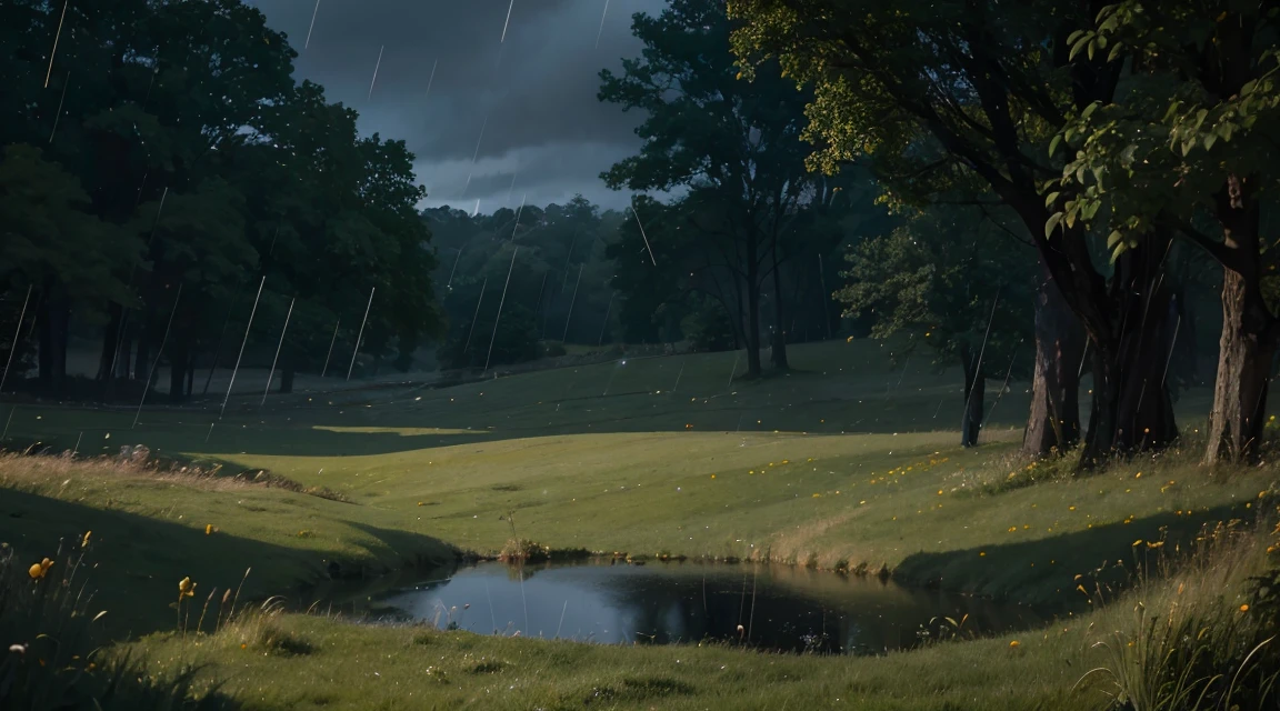 Quiet landscape with no people, no flowers, close-up near ground of deep green meadow wet with rain, lots of raindrops on grass in close-up, lots of rain falling on mirror-like water surface where nothing is placed, rain falling all the time, cloudy sky beyond meadow, rain continues to fall Landscape, Photo, Best Quality, High Quality, Highres:1.4, Detail, Highly Detailed, Ambient Soft Lighting, 4K, Background, Depth of Field,