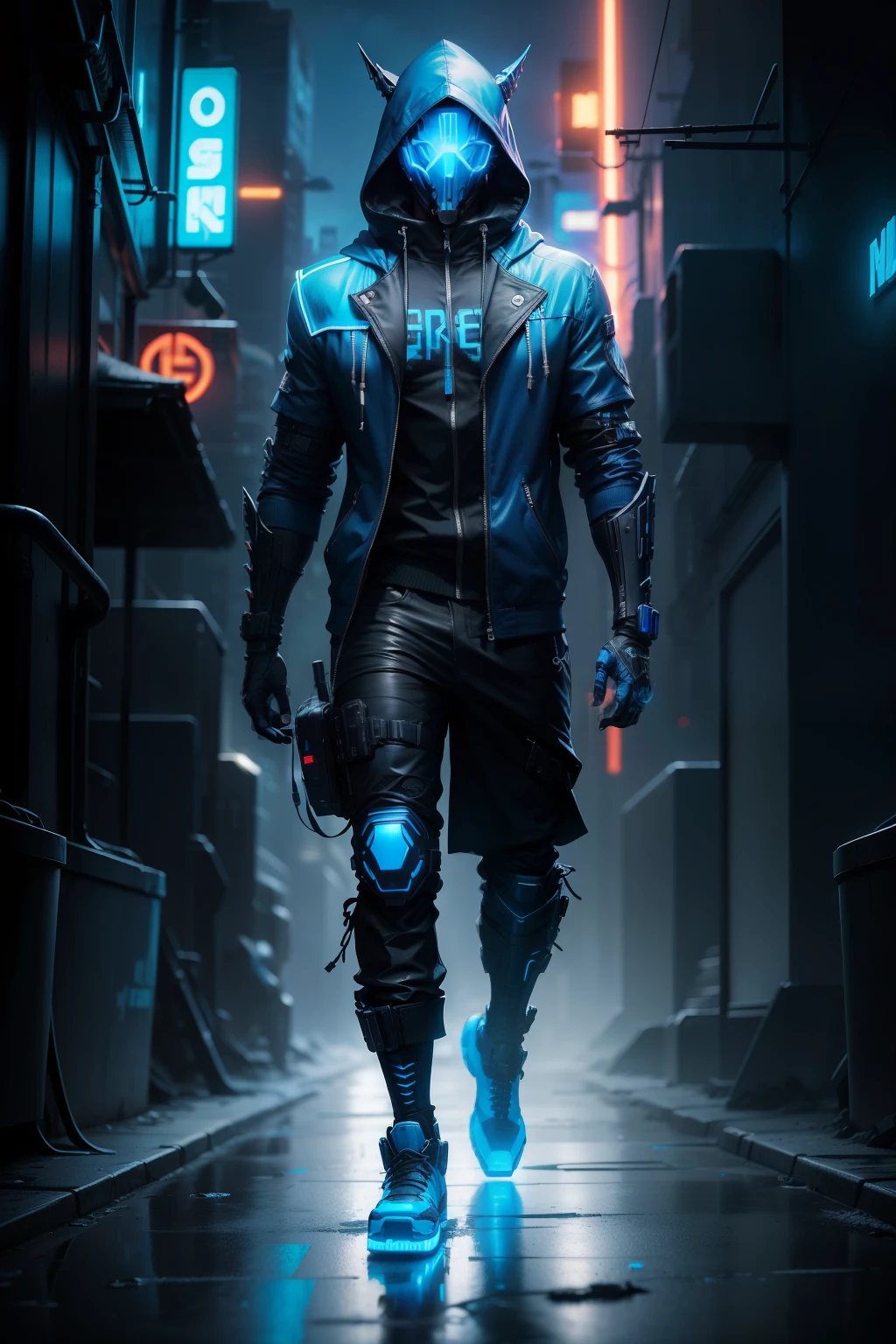 (full body), Hooded male character, blue neon cyberpunk, mask, dark, gigantic towering city