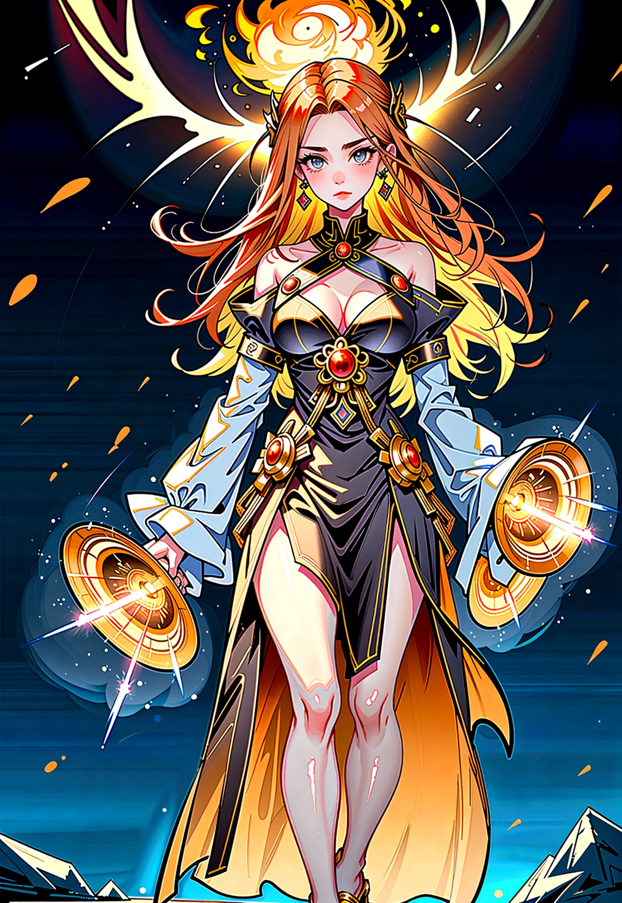 ((full body shot)) of a girl in regal, fire-themed armor with intricate gold and red details, standing in a blazing, volcanic landscape. She has long, flowing fiery red hair and intense, glowing amber eyes. Her skin has a warm, sun-kissed hue, and she is adorned with molten lava-like patterns. She holds a majestic sword engulfed in roaring flames, casting a bright, fiery light. The atmosphere is {intense|majestic}, with lava flows and embers illuminating the scene. The ground beneath her is cracked, molten earth, reflecting the intense light and adding to the fiery ambiance. Surrounding her are jagged rocks and bursts of flame in shades of {red|orange}, casting a fierce, incandescent glow. The background features towering volcanic peaks and a sky filled with ash and smoke, hinting at a powerful, fiery kingdom. The scene is dynamic and awe-inspiring, with her face showing a determined yet regal expression, her eyes focused intently on her blazing domain.

[Best quality], [Masterpiece], [Ultra-detailed], [4k], {intense|majestic} atmosphere, fiery kingdom, {dynamic pose|regal pose}, blazing illumination, {soft shadows|dramatic lighting}, {reflected light on molten earth:0.7}, {jagged rocks:0.6}, {bursts of flame:0.5}, {volcanic peaks:0.4}, {ash-filled sky:0.3}.