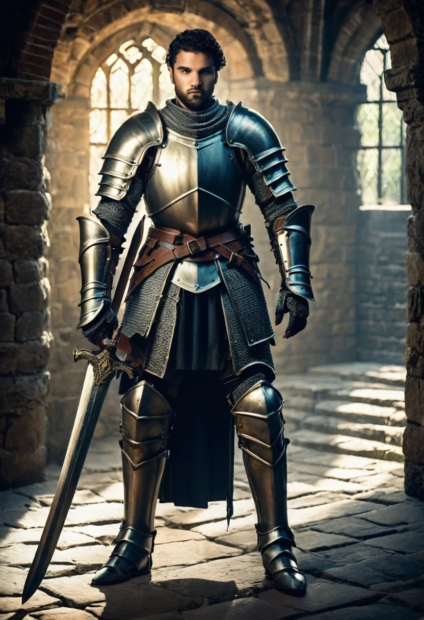 Male knight in armor with sword Background dungeon