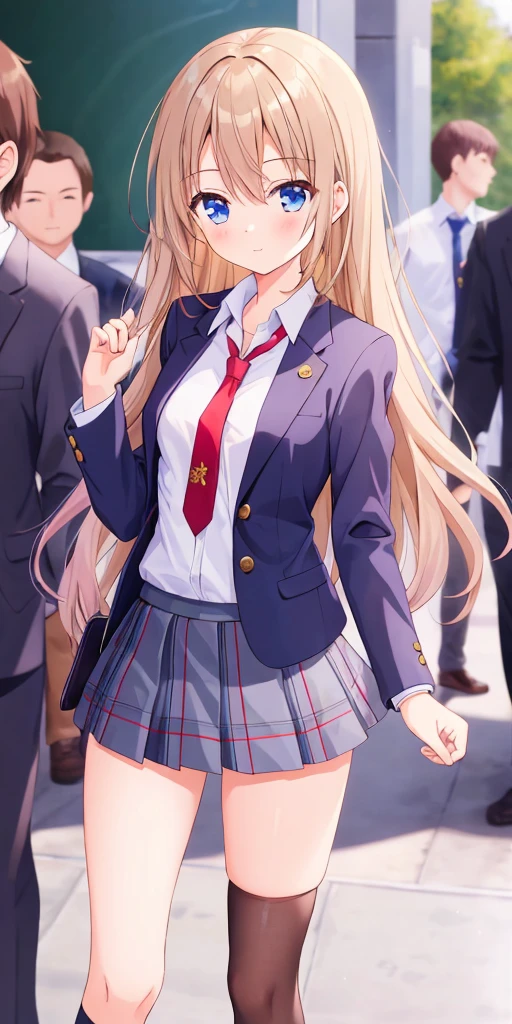 one girl, naive, school blazer, necktie, slender, plaid skirt, long hair, small breasts, girl focus, short skirt