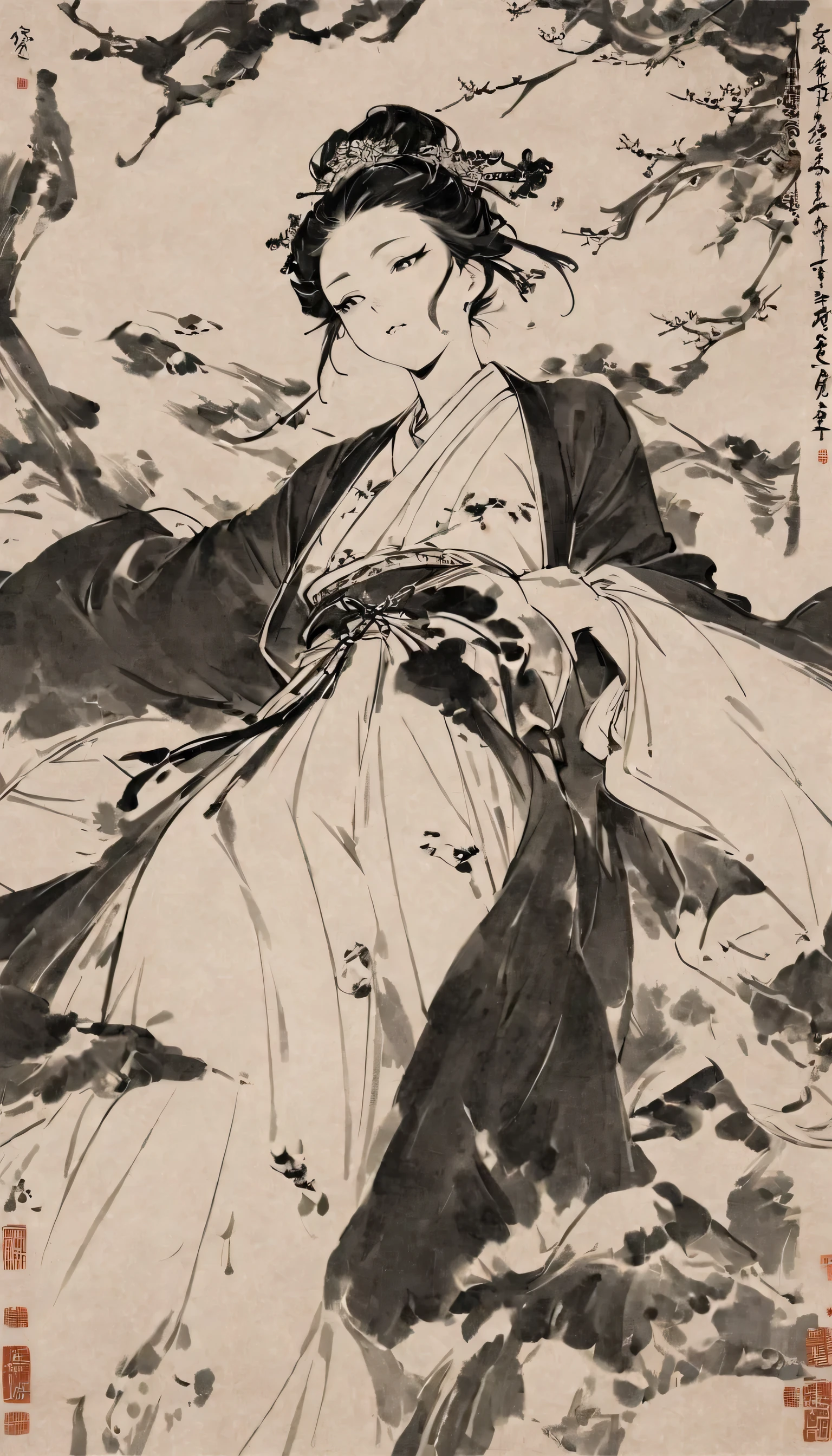 Chinese ink painting，ink，smudge，Beauty in Hanfu，Fairy spirit fluttering，Black and White，black and white art，8k，Super fine，Rich detailasterpiece