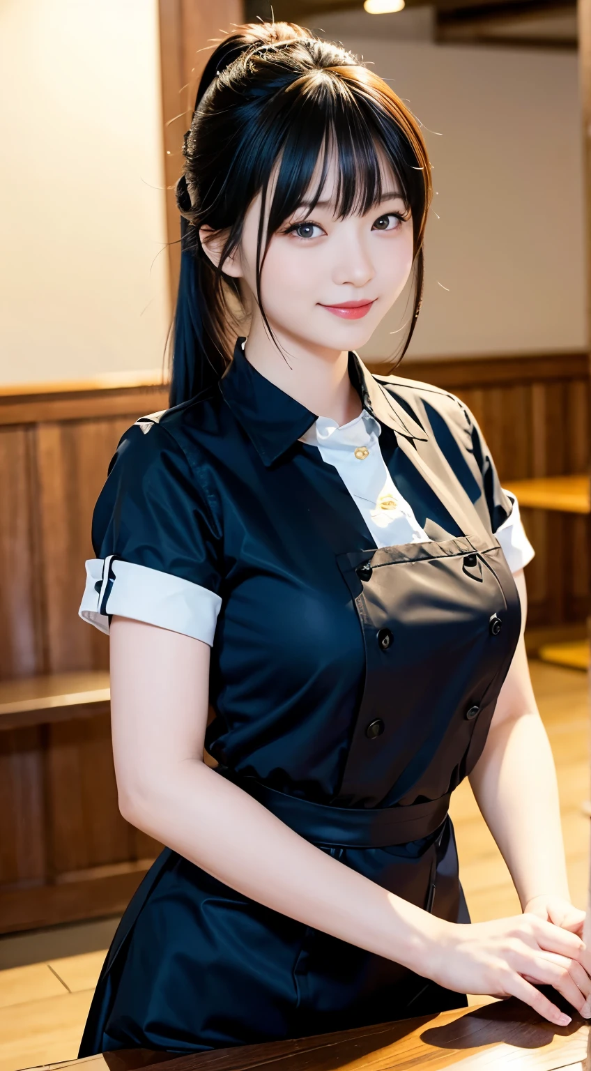 (highest quality,masterpiece:1.3,Ultra-high resolution,),(Very detailed,Caustics),(Realistic:1.4,RAW shooting,)Ultra-Realistic Capture,Very detailed,High resolution 16K human skin closeup。 Natural skin texture、,pores、、、、It must be detailed enough to be easily identifiable。 Skin tone is even and healthy looking。 Use natural light and color,restaurant,Waitress Uniform,1 girl,Japanese,18-year-old,cute,Black-haired,ponytail,Big Breasts,smile,Turn your body forward,(Front view:1.1),Looking into the camera,Cowboy Shot,