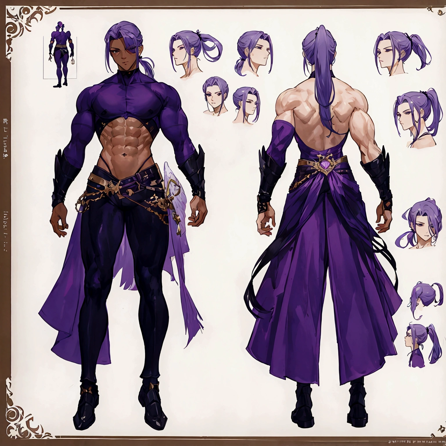 (Masterpiece, best quality), detailed, 1 man, ((character concept art)), ((character design sheet, same character, front, side, back)), full body, body complete, 1 Male, 1 Man, Detailed face, character design sheet,full bodyesbian, Highly detailed, character sheet, character design, Many parts, dark skin, angel wings, long ponytail purple hair, angel outfit, muscle male god, male clothes, masculine, muscle man, male muscle, manly, male angel, Muscle male with purple long ponytail hair,beautiful man, abs, pectoral muscle