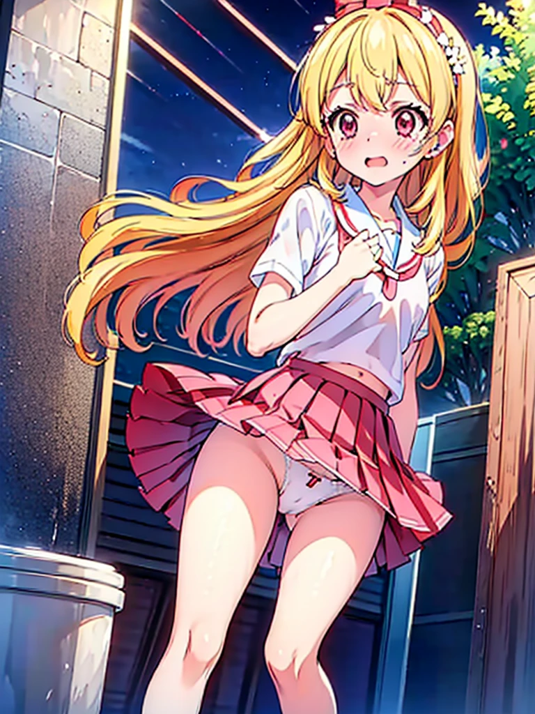 Aikatsu,blonde_hair,red_hair_band,(masterpiece:1.2, highest quality), Ultra-detailed illustrations, Perfect Anatomy, (Skirt flip:1.5), ((Grab the skirt:1.3)),((panties)), alone, 1 Female, big_chest, (Apply blush all over the face), Embarrassing, カウボーイshot, (toilet:1.2),(Toilet:1.3), dirty, (night:1.5),(Dark Background:1.1), , Very fine hand, panties_shot, ((Emphasize white_panties:1.5)), Roll up your skirt:1.6, Place your hands in front of your stomach,