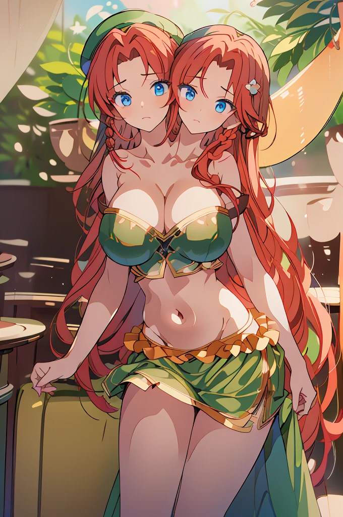(masterpiece, best quality),best quality, (ultra-detailed), (3heads:1.5), 1girl, (ultra-detailed), (3heads:1.5), 1girl, (hong meiling:1.3), masterpiece, (best quality:1.5, highres, UHD), highres, absurdo, ultra detail, ultra quality, Ultra resolution, green top, crop top, ((stomach)), midriff, ((groin)), green skirt, miniskirt, normal ears, shackles, (red hair), very long hair, wavy hair, sidelocks, blue eyes, parted lips, midriff, sweat, cute, toned belly, hand on own chest, eyelashes, (24 year old woman:1.3), (masterpiece:1.5), (best quality:1.5), (beautiful detailed), extremely detailed CG, extremely delicate and beautiful, depth of field, (finely detailed face), (perfect details:1.2), (mature female:1.3), wide pelvis, slender, large veiny breast, 16k resolution, high quality, high definition, extremely detailed, masterpiece, (red hair), long hair, (same hair color), alluring presence, twin braid, short skirt, close up, very big tits, huge tits, young, striped, green beret, hair ornament, chinese clothes, star hat ornament, open belly, nsfw,