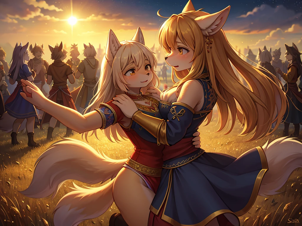 Hallucination, daydream , nightmare , bokeh , messy Wolves dancing in a sea of golden wheat , sun set , dancing blur , Clothing of peasant women in medieval Europe , Sexual freak festival , Feeling open-minded and bold , Kama Sutra