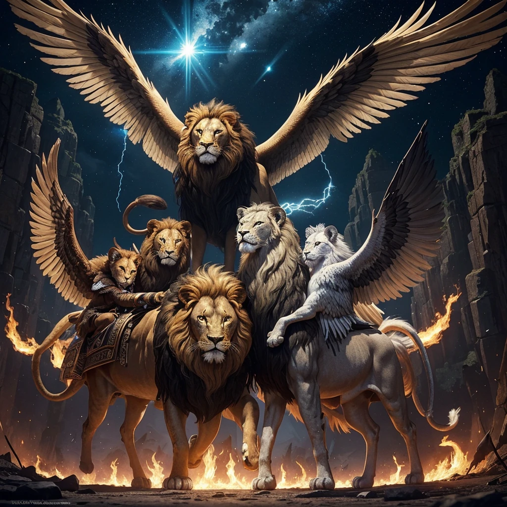 creatures with an appearance similar to that of a man. Each had four faces (of a man, lion, ox, and eagle) and four wings. Their legs were straight, with feet like those of a calf, and they shone like polished bronze. Under their wings, they had human hands on each of their four sides. Their wings touched one another, and they moved without turning, always going straight forward.
The creatures shone like burning fire, and lightning flashed from them. Beside each of them was a wheel that also shone like beryl, and these wheels moved along with the creatures. The wheels had many eyes all around and followed the creatures wherever the spirit would go. Above the creatures was a structure like an expanse of glittering crystal.
