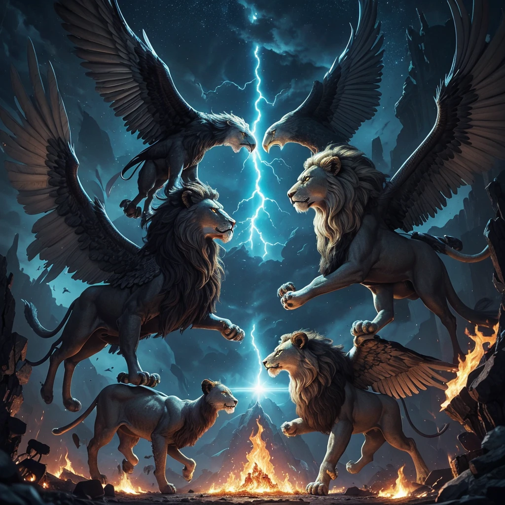 creatures with an appearance similar to that of a man. Each had four faces (of a man, lion, ox, and eagle) and four wings. Their legs were straight, with feet like those of a calf, and they shone like polished bronze. Under their wings, they had human hands on each of their four sides. Their wings touched one another, and they moved without turning, always going straight forward.
The creatures shone like burning fire, and lightning flashed from them. Beside each of them was a wheel that also shone like beryl, and these wheels moved along with the creatures. The wheels had many eyes all around and followed the creatures wherever the spirit would go. Above the creatures was a structure like an expanse of glittering crystal.