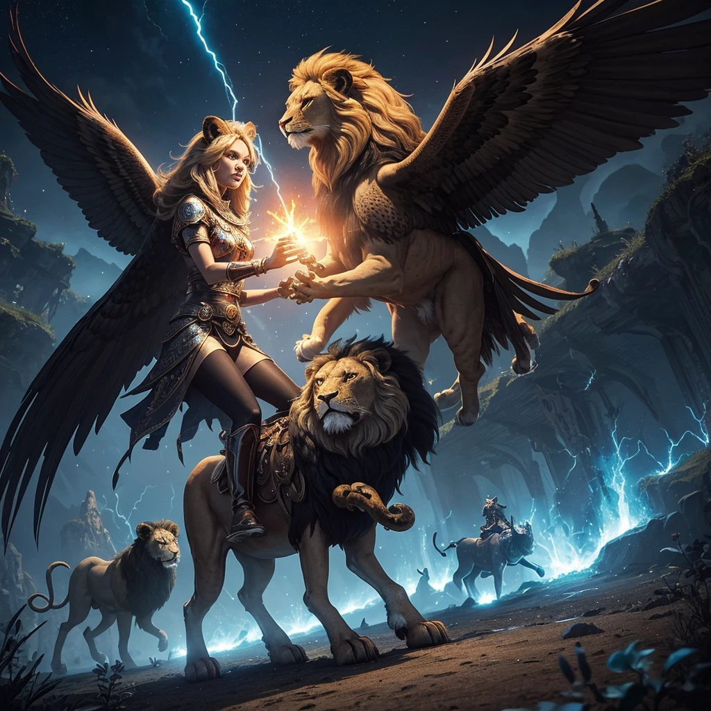 creatures with an appearance similar to that of a man. Each had four faces (of a man, lion, ox, and eagle) and four wings. Their legs were straight, with feet like those of a calf, and they shone like polished bronze. Under their wings, they had human hands on each of their four sides. Their wings touched one another, and they moved without turning, always going straight forward.
The creatures shone like burning fire, and lightning flashed from them. Beside each of them was a wheel that also shone like beryl, and these wheels moved along with the creatures. The wheels had many eyes all around and followed the creatures wherever the spirit would go. Above the creatures was a structure like an expanse of glittering crystal.