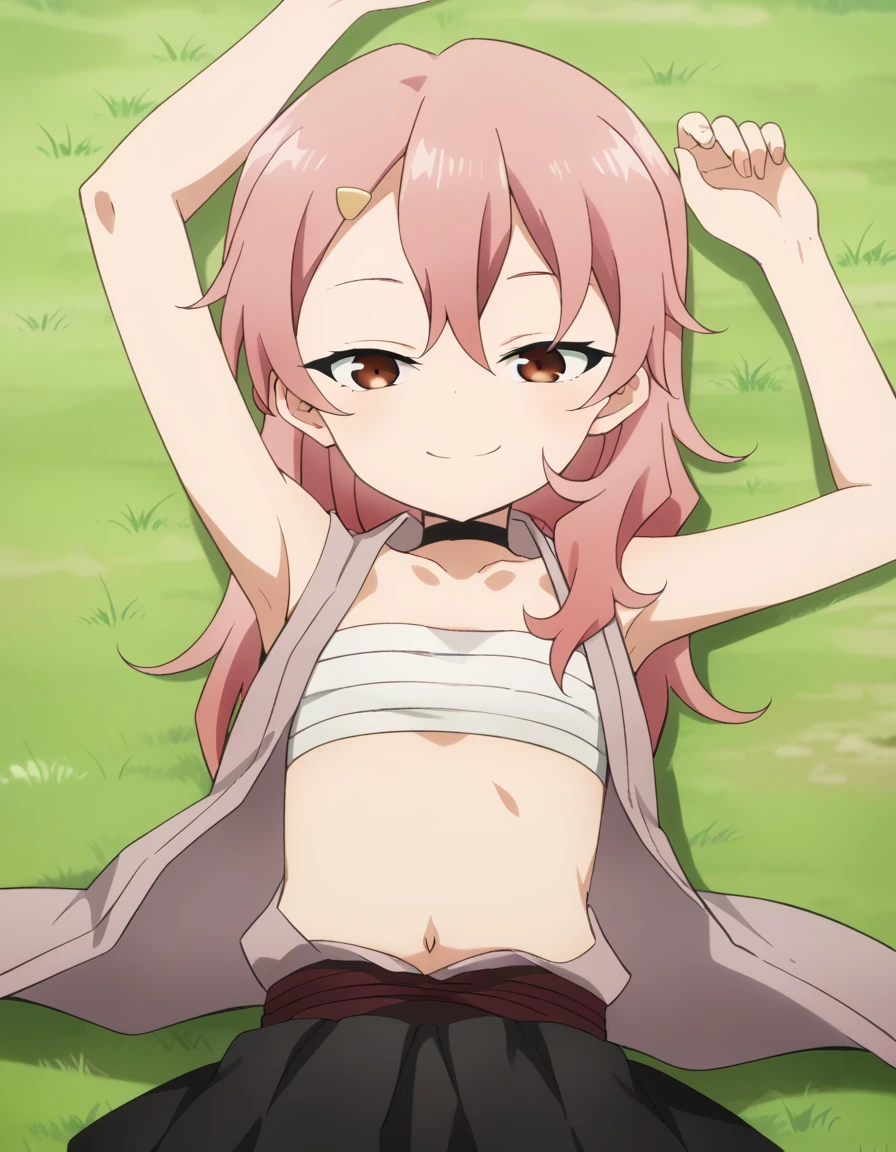 benisumomo, anime coloring ,BREAK source_anime, anime, long hair, hair ornament, red eyes, navel, pink hair, japanese clothes, choker, hairclip, flat chest, black choker, sarashi, chest sarashi, black skirt, high quality, solo, lying, on back, arms up, spread arms, closed mouth, on grass, cowboy shot, looking at viewer, smile, best quality