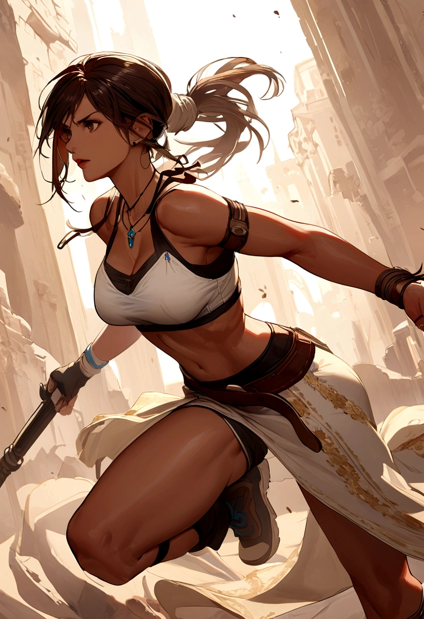 Lara Croft from the game Tomb Raider in blue white red jogging