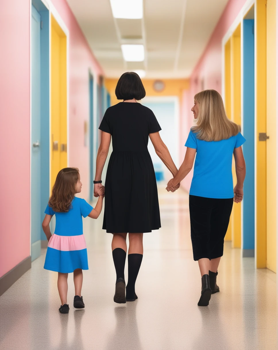 back view, 1 woman wearing gothic black dress walking , on the left holding the hands of her 5 years old son, wearing a blue t shirt and on the right the woman is holding the hand of her 8 years old daughter who wears a pink t shirt, in an administration hallway, old german style, indoor, 