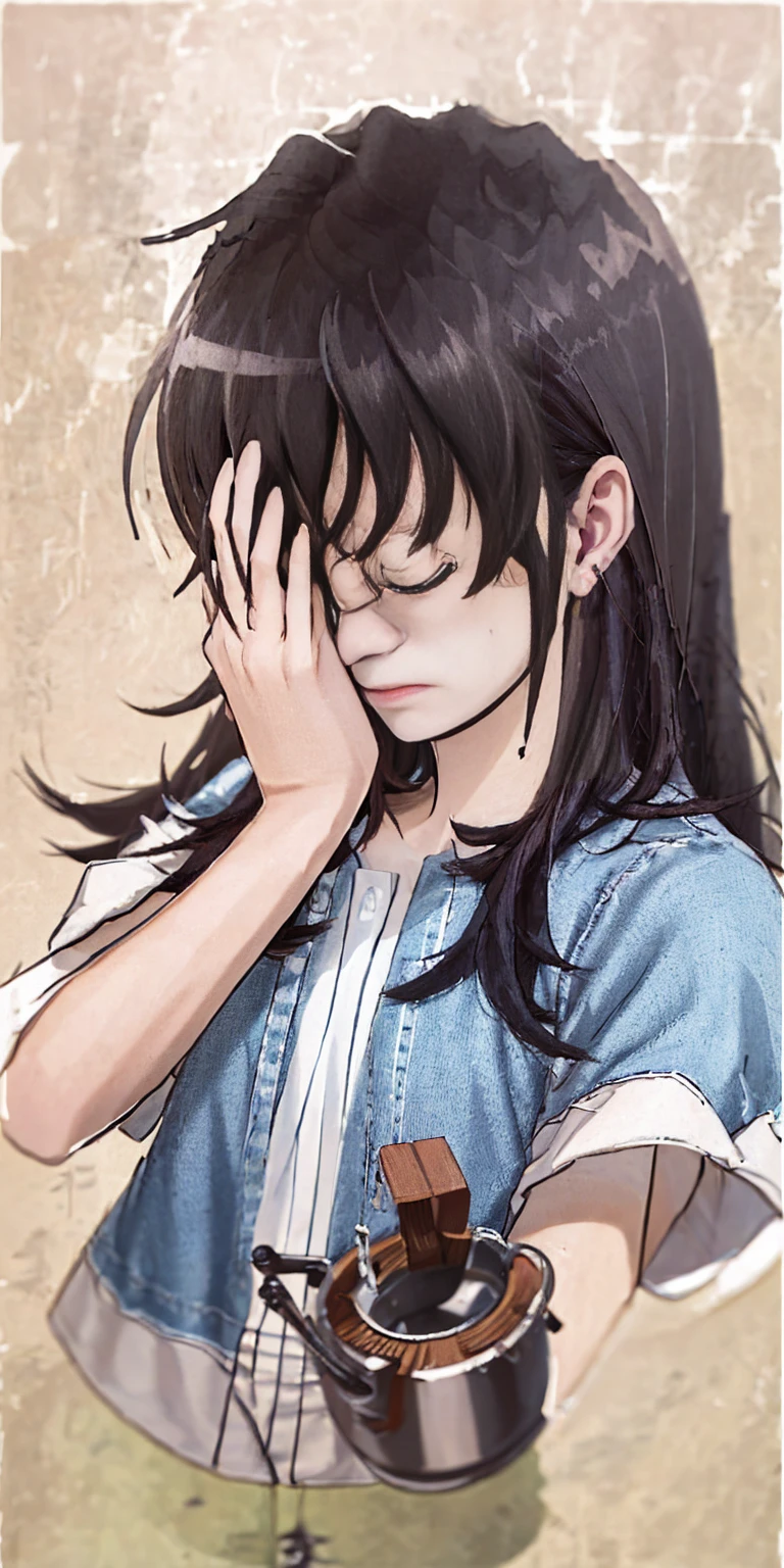 (masterpiece, best quality:1.2), solo, 1girl, unamused, facepalm, covered face, long hair, black hair, closed eyes, white shirt, short sleeves 