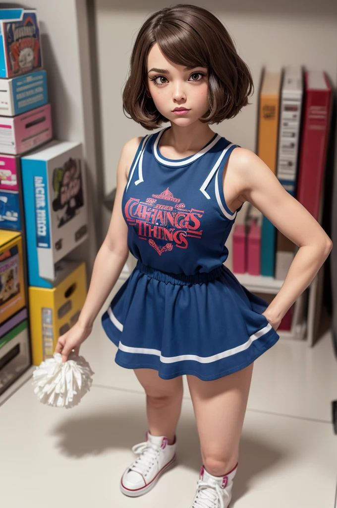 create a funko pop by a woman named “olivia henderson”, cabelo ondulado castanho, hawkins high school cheerleader dress, usando um All Star cinza.
O funk deve ser apresentado dentro e fora de uma caixa de stranger things funko pop. The box must allow the funko to be seen, tipografia, the rendering must be in 3D with a white background.
