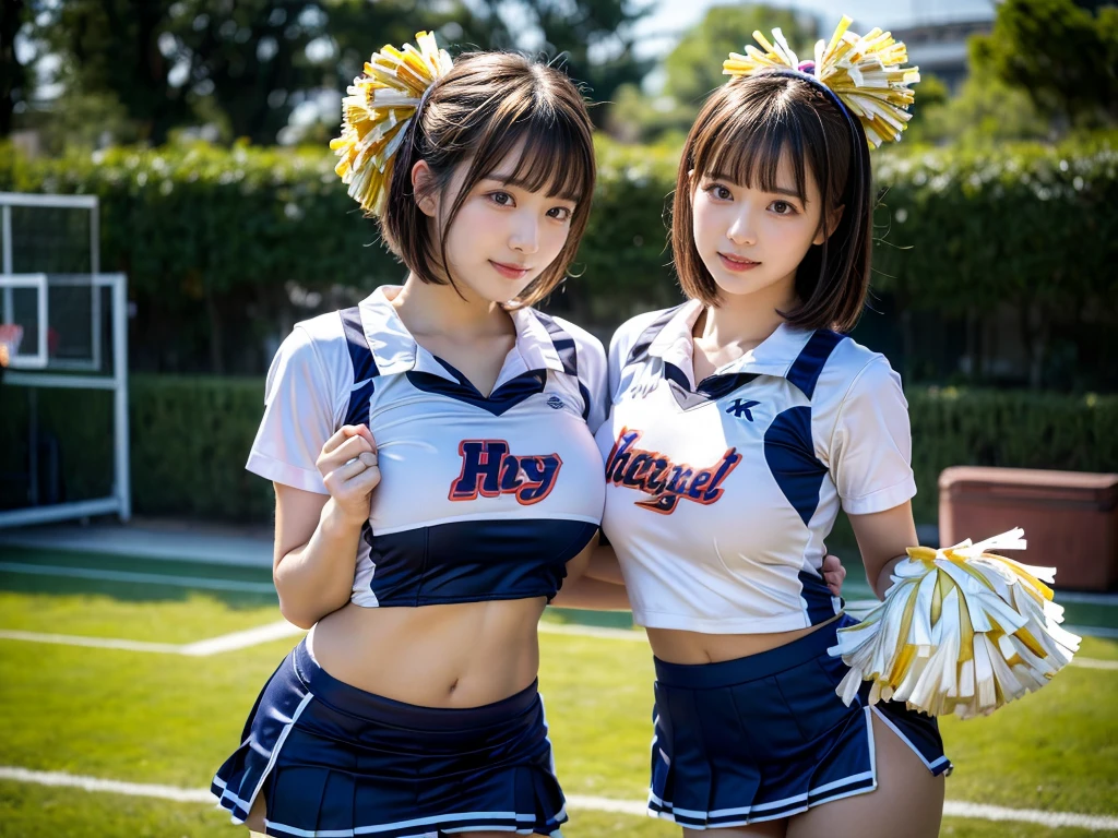 (RAW photo, 4k, masterpiece, high resolution, extremely complex) (realistic: 1.4), cinematic lighting
((2 girls, 2 schoolgirls)),blushing,((innocent)),bright eyes,round eyes,blunt bangs,(short bob hair:1.3),black hair,large breasts,wide hips,Summer Noon, ,Hot, (Best Quality), (Highres), (an Extremely Delicate and Beautiful),(Beautiful 8k face),(Brown eyes),( spectators),(gigantic breasts),(Play with each other,Touching each other's bodies,Touching the body),(cheer girl:1.5),(a miniskirt),(reality),bright lighting,(The background is a luxury hotel room)