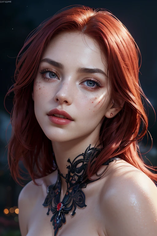 portrait shot, ((vivid red hair)), mature woman, 30 years old, diamond face, moonlight, red starry sky background, depth of field, magic, big red lips, ((dark black eyes)) black and red long and full dress, covered chest, mystical atmosphere, ominous shadows, Intense blue aura, Intense red aura (best quality:1.2), absurdres, intricate details, (highly detailed skin:1.2), smile expression, posing, taut and well defined body, attractive. Highly realistic, pale skin, beautiful, hyperrealism, skin very elaborated, direct gaze, (RAW, analogue, Nikon Z 14mm ultra-wide angle lens, award-winning glamour photograph, ((best quality)), ((masterpiece)), ((realistic)), skin pores, subsurface scattering, high-res, detailed facial features, high detail, sharp focus, smooth, aesthetic, extremely detailed, (extremely detailed eyes, extremely detailed iris), extremely detailed hair, extremely detailed skin, extremely detailed clothes, octane render, photorealistic, realistic, post-processing, max detail, realistic shadows, roughness, natural skin texture, real life, ultra-realistic, photorealism, photography, 8k UHD, photography, hdr, intricate, elegant, highly detailed, sharp focus, stunning, beautiful, gorgeous), realistic, masterpiece, highest quality, movie still, cloud girl, floating in the sky, (close-up:1.1), medium breast, bright, happy, fun, soft lighting,