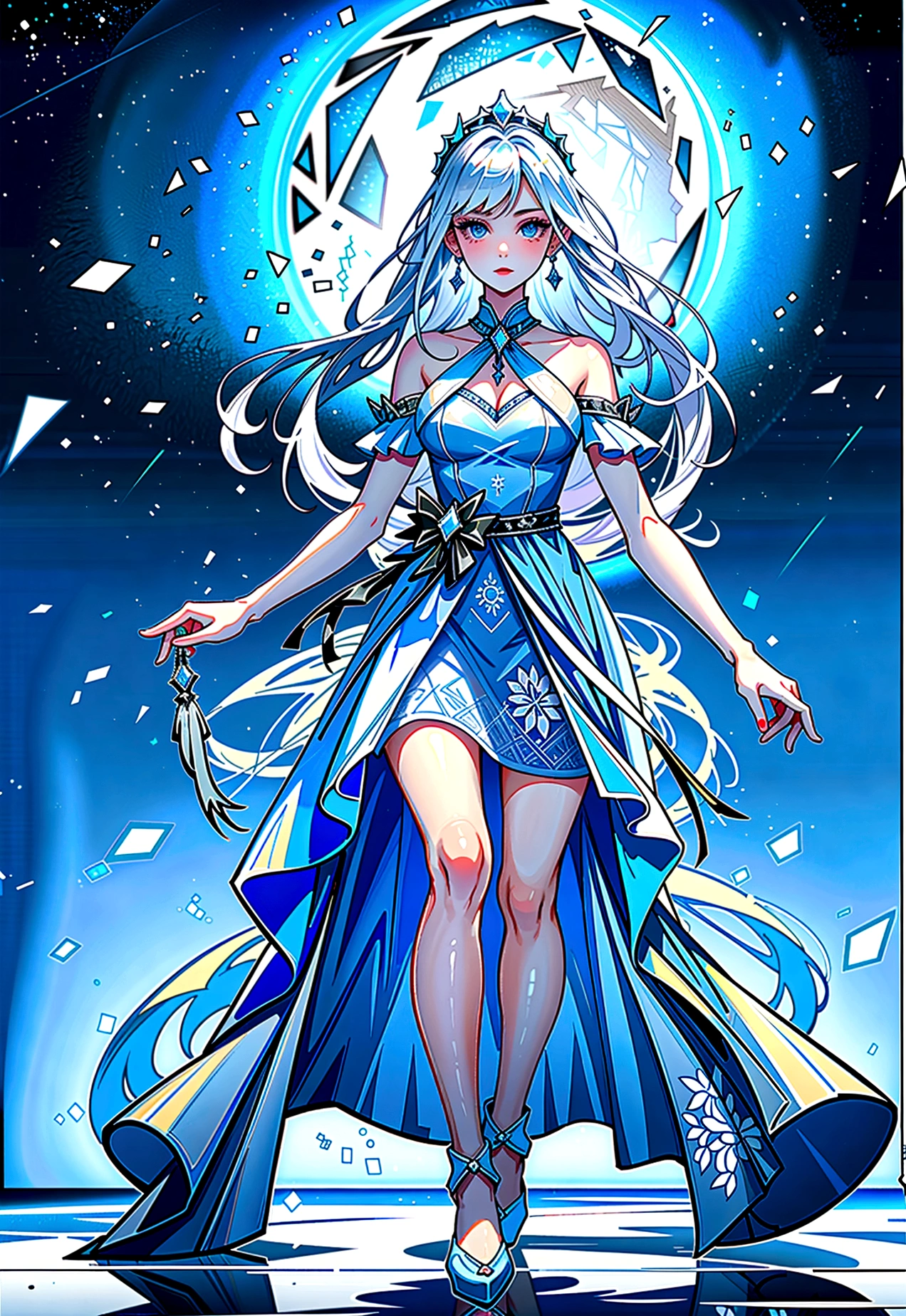 ((full body shot)) of a girl in elegant, fur-lined clothing with intricate ice-blue patterns, standing in a frozen, snowy landscape. She has long, flowing platinum blonde hair and piercing icy blue eyes. Her skin is pale with a slight blue tint, and she is adorned with delicate ice crystals and frost. She holds a majestic staff made of clear, crystalline ice, with swirling snowflakes and embedded gemstones. The atmosphere is {chilly|magical}, with a soft snowfall and a faint blue glow illuminating the scene. The ground beneath her is a blanket of pristine snow, reflecting the icy light and adding to the wintry ambiance. Surrounding her are glistening ice sculptures and frost-covered trees in shades of {white|blue}, casting a serene, frosty glow. The background features towering, glittering ice castles and distant snowy mountains, hinting at a majestic, icy kingdom. The scene is tranquil and enchanting, with her face showing a serene yet powerful expression, her eyes focused intently on her icy domain.

[Best quality], [Masterpiece], [Ultra-detailed], [4k], {chilly|magical} atmosphere, icy kingdom, {dynamic pose|regal pose}, soft snowfall illumination, {soft shadows|frosty lighting}, {reflected light on snow:0.7}, {glittering ice sculptures:0.6}, {frost-covered trees:0.5}, {towering ice castles:0.4}, {snowy mountains:0.3}.