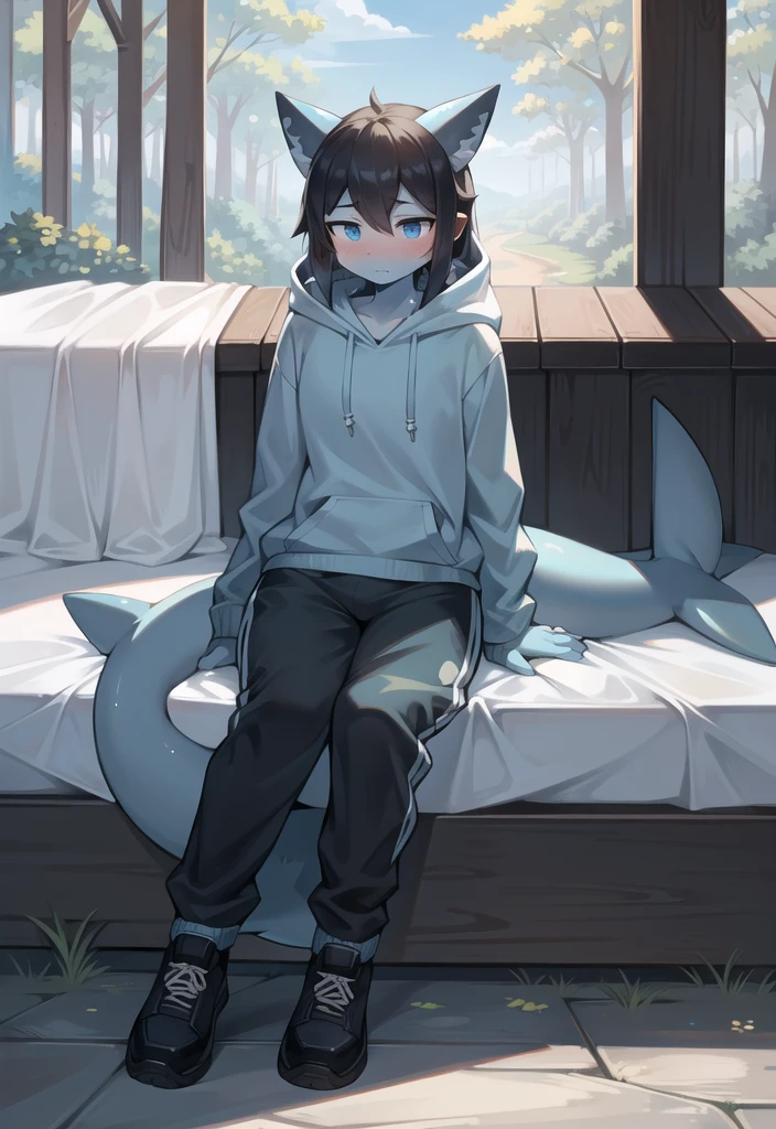 (Shark, furry, anthropomorphic), female, sitting on bed, bedroom background, outside, wearing grey sweat pants, wearing woodland camo hoodie, Furry art, light blue arms, big Shark tail, light blue legs, (light blue skin, whole body, Best quality, human like body figure), Noon, black hair, wearing black shoes, face blush