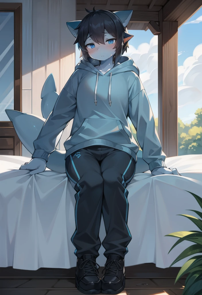 (Shark, furry, anthropomorphic), female, sitting on bed, bedroom background, outside, wearing grey sweat pants, wearing woodland camo hoodie, Furry art, light blue arms, big Shark tail, light blue legs, (light blue skin, whole body, Best quality, human like body figure), Noon, black hair, wearing black shoes, face blush