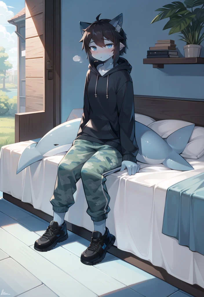 (Shark, furry, anthropomorphic), female, sitting on bed, bedroom background, outside, wearing grey sweat pants, wearing woodland camo hoodie, Furry art, light blue arms, big Shark tail, light blue legs, (light blue skin, whole body, Best quality, human like body figure), Noon, black hair, wearing black shoes, face blush