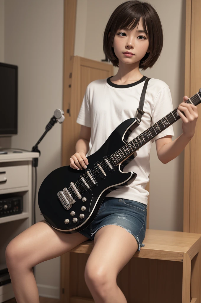 (masterpiece, Highest quality)、live house、Cute girl bassist、Dark Eyes、Gorgeous lighting、Tight mini skirt、Black Hair、Japanese women、She opens her legs to show her red panties、From below、