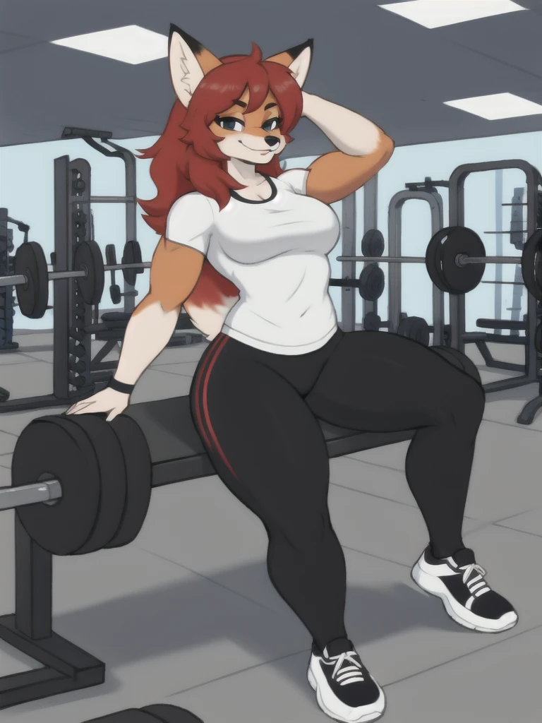 Furry, fox, female, white shirt, black leggings, shoes, gym, , full body