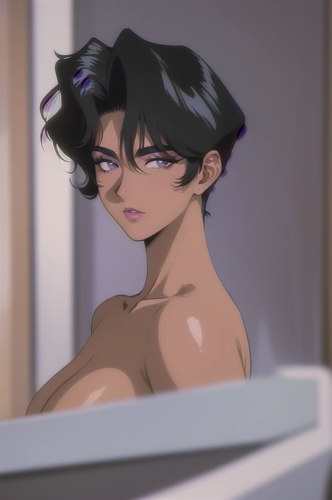 (masterpiece, highres, best quality:1.2), (retro artstyle, 1990s \(style\):1.2), intricate details, vibrant image, sharp focus, trending on pixiv
HayamiAyuko, solo, mature female, 40yo, milf, (dark skinned female:1.2), (dark skin:1.1), posing, pool,
black hair, short hair, (makeup:1.05), brown eyes, perfect eyes, perfect face, detailed hair, detailed face,
Naked , massive , purple make up above eyelash , pink lips